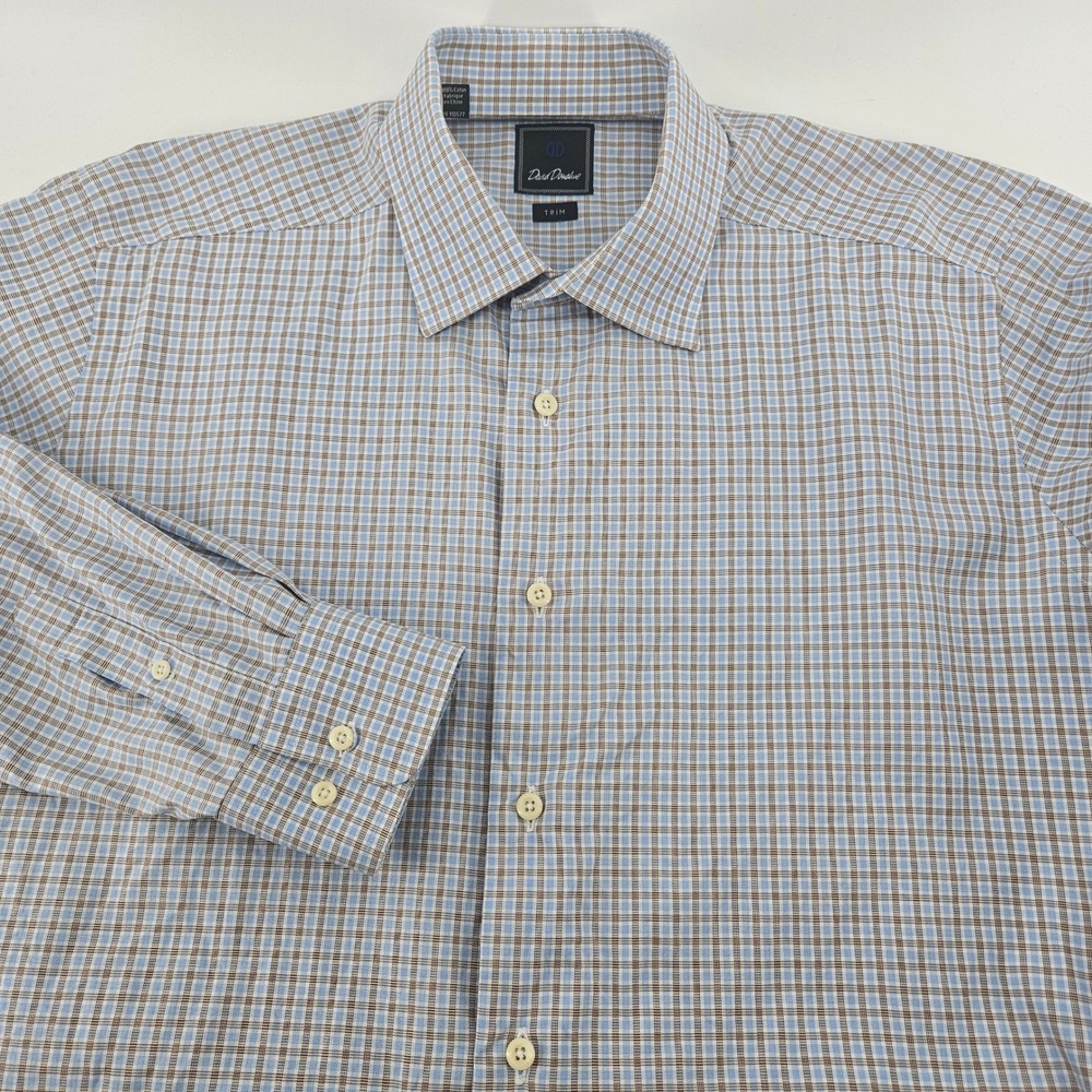 David Donahue Mens Trim Fit Dress Shirt 17 34/35 Blue Brown Check Cotton